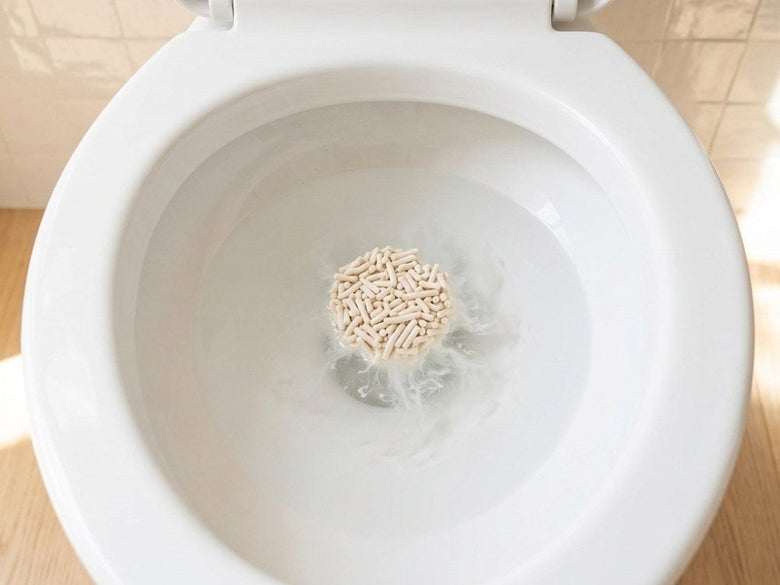 A clump of tofu litter dispersing in clean toilet water