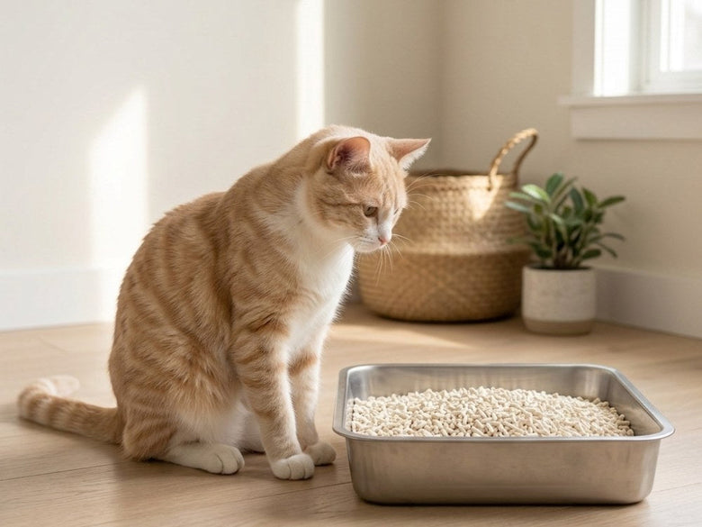 A cat looking into its litter tray at home