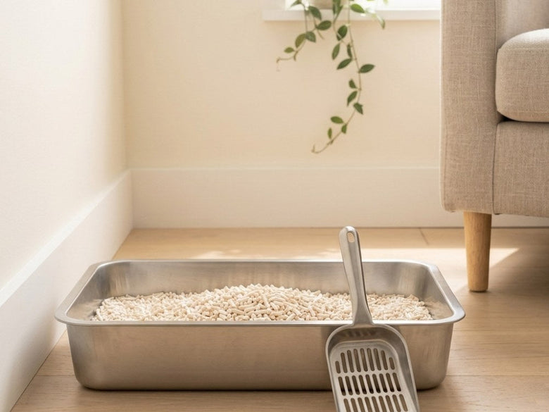 A stainless litter tray and scoop in a bright home corner