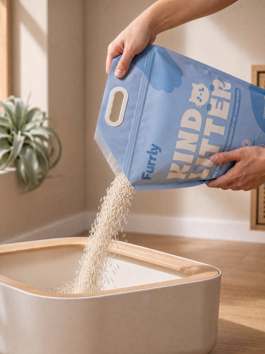 A hand pouring Furrly Kind Litter from the bag into a litter box
