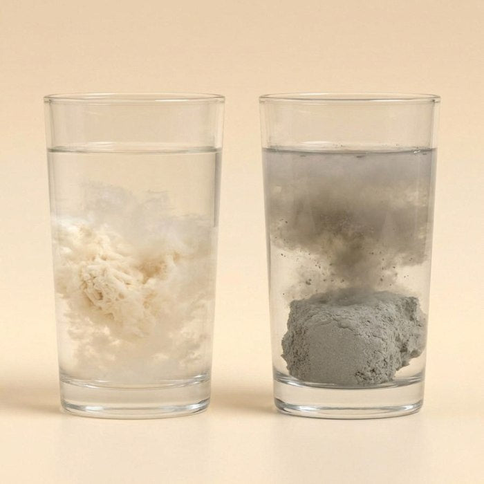Two glasses of water: tofu litter dispersed on the left, clay set solid on the right