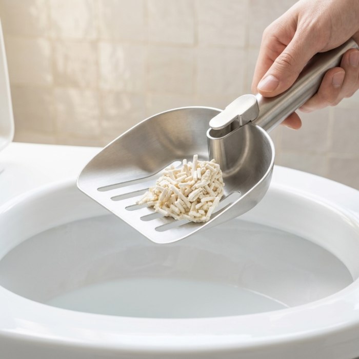 A scoop holding one clump above a clean toilet bowl