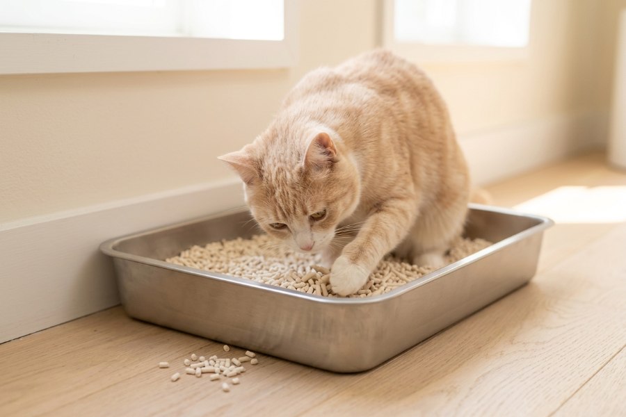 A cat digging in a tray of tofu litter