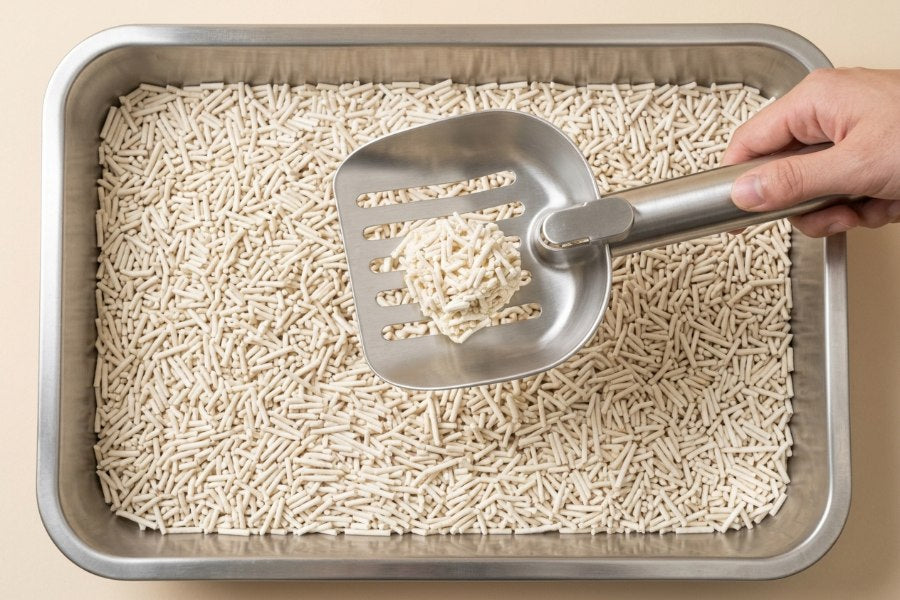 A scoop lifting one intact clump out of a tray of tofu litter