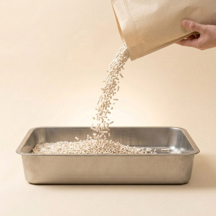 Tofu litter pouring into a tray with no dust cloud