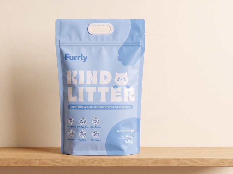 A bag of Kind Litter standing on a retail shelf