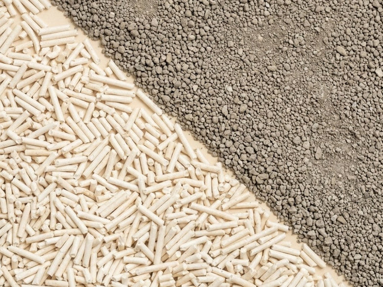 Tofu litter meeting clay litter along a clean diagonal