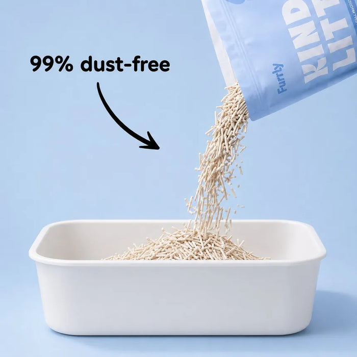 Furrly Kind tofu litter pouring into a clean white litter box with almost no dust, 99% dust-free