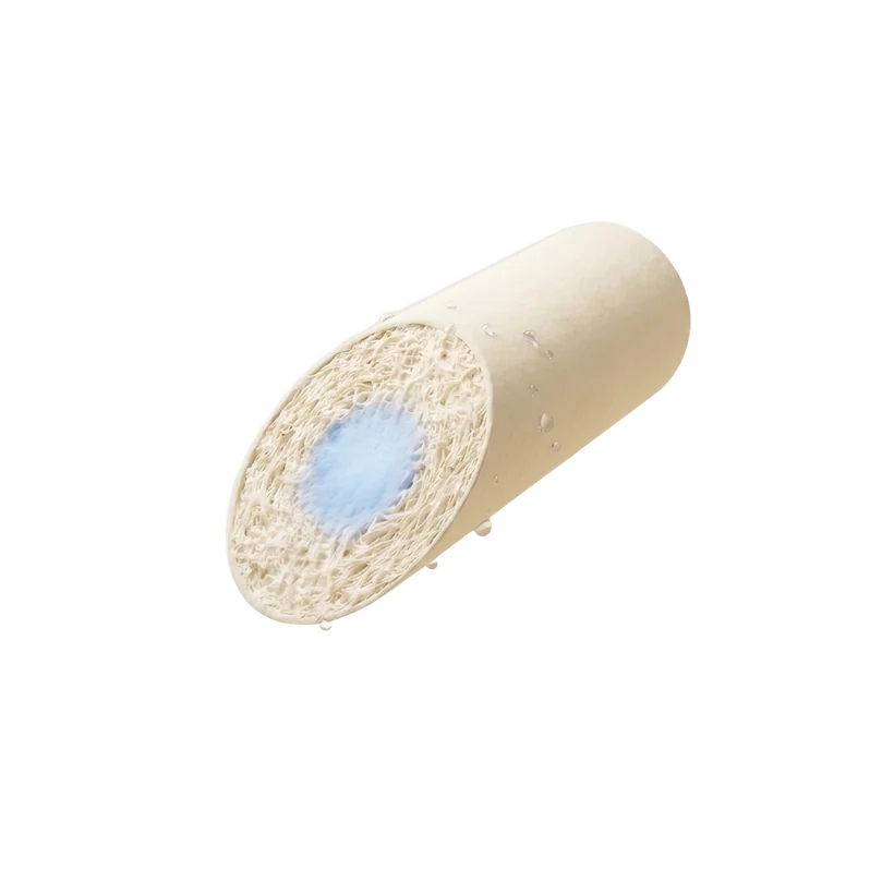 Cutaway of a Furrly pellet showing the woven fiber mesh and the blue moisture-lock core
