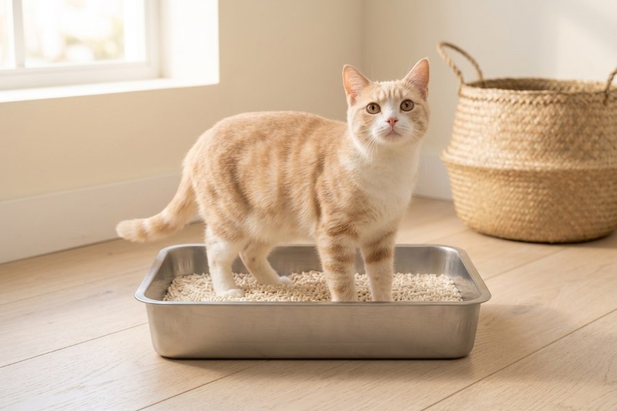 A cat standing contentedly in a tray of tofu litter