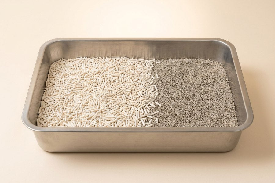 A tray layered with tofu litter on one side and clay on the other