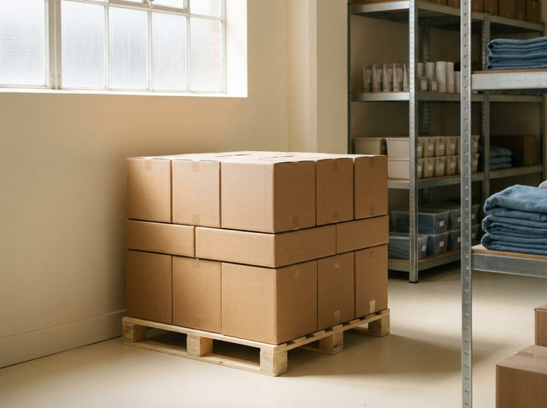 Shipping cartons stacked on a pallet in a clean stockroom