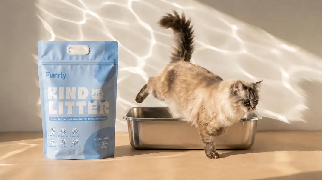 A fluffy cat stepping past a stainless steel litter box beside a bag of Furrly Kind Litter